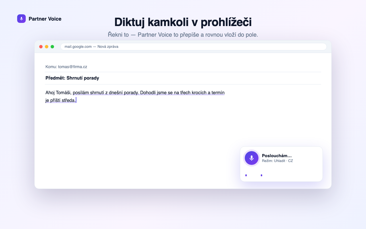 Partner Voice v prohlížeči Chrome — diktování rovnou do pole